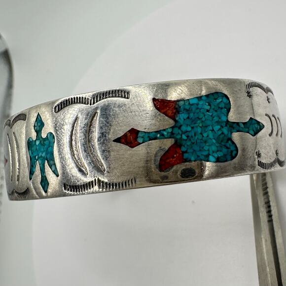 Navajo Native vintage sterling silver turquoise chip inlay cuff bracelet 28.54 - Picture 3 of 10